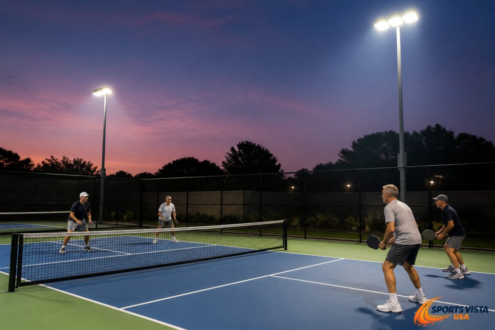 Professional outdoor pickleball court at dusk with full-cutoff LED fixtures mounted on poles, light beams directed precisely downward onto the court surface with minimal scatter, players visible in properly lit conditions