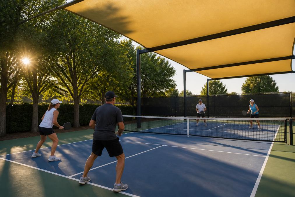 Outdoor pickleball court with large shade structures and mature trees positioned on the western side, blocking late-afternoon sunlight, players visible on court enjoying reduced glare conditions