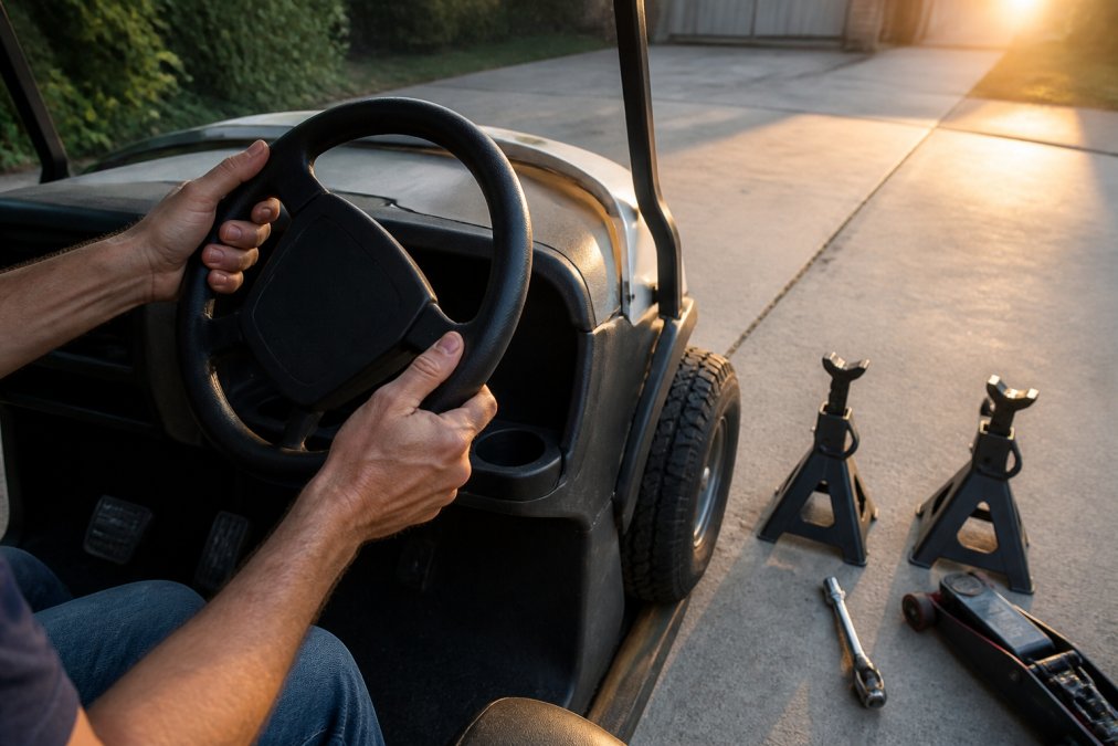 Hands checking for play in a golf cart steering wheel with tools nearby on a driveway