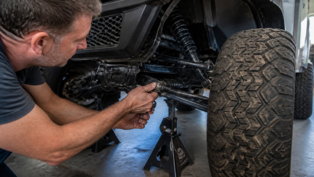 Mechanic inspecting front suspension and tie rod components on a lifted golf cart in a garage