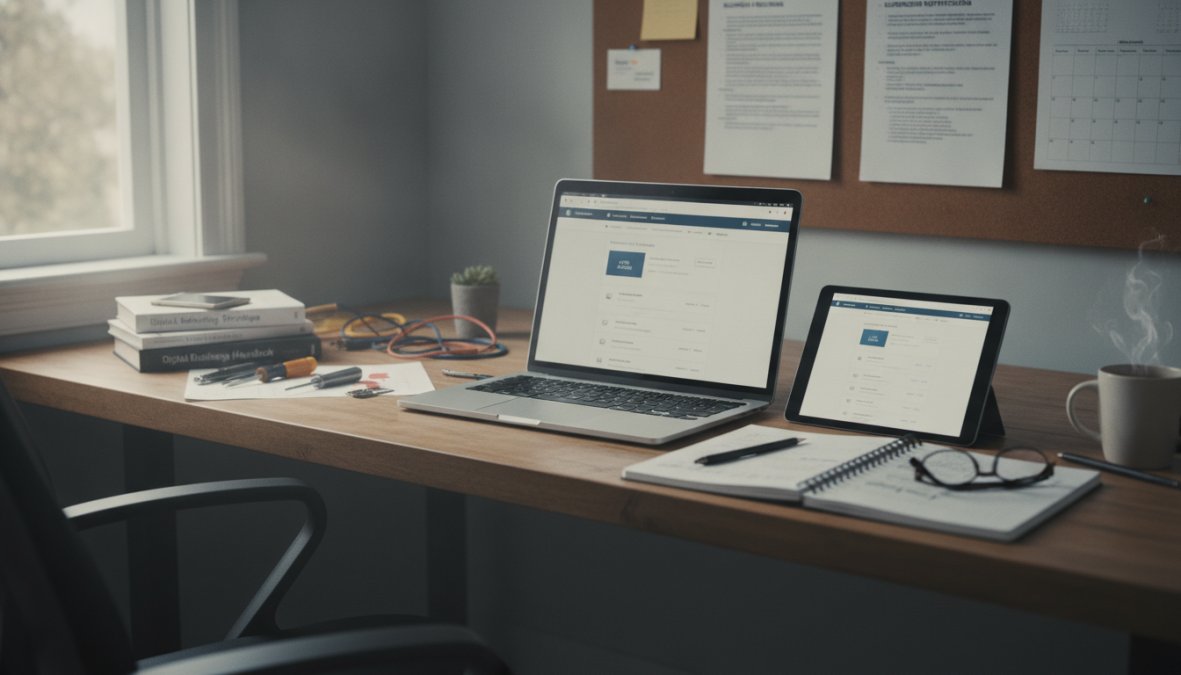 Business owner reviewing suspension notification on Google Business Profile dashboard on a computer screen in an office setting with natural window lighting