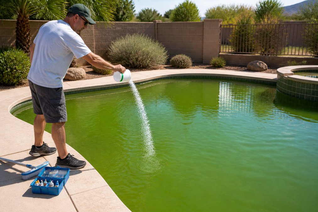 Homeowner adding shock granules to treat green pool water on a sunny day with cleaning tools nearby