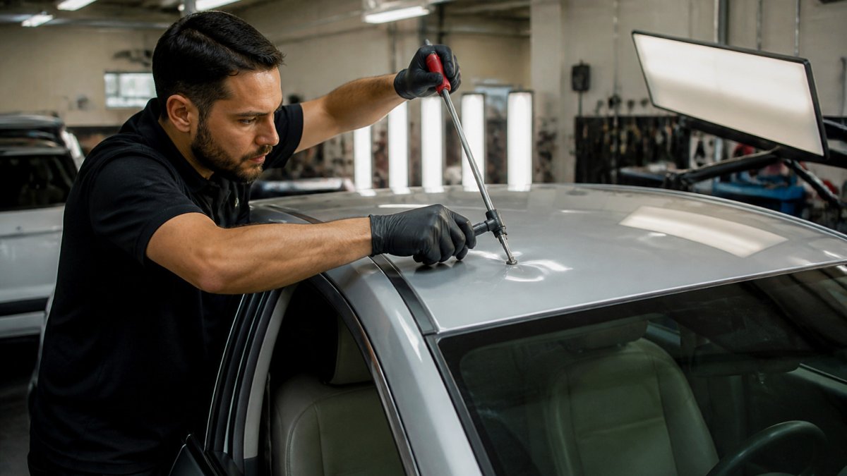 Technician using specialized metal rods to repair hail damage on a silver sedan roof in an auto body shop