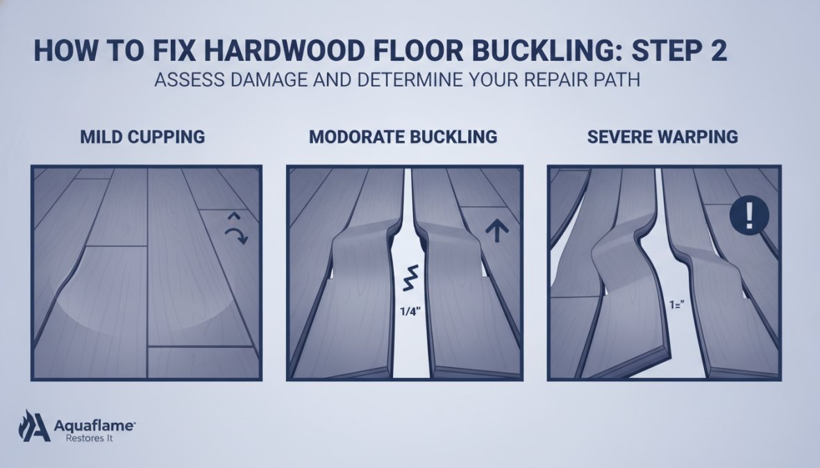 Close-up of hardwood floor showing three severity levels side by side, left section with barely visible mild cupping, center section with moderate buckling creating visible gaps between boards, right section with severe warping and lifted planks creating safety hazards