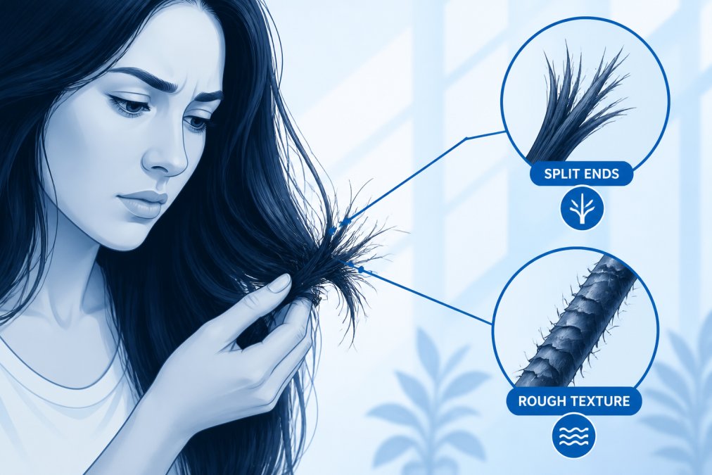 Close-up of a woman examining dry, frizzy, and visibly brittle hair ends in natural light, showing split ends and rough hair texture