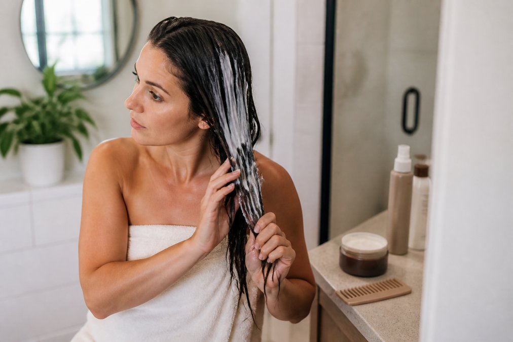 Woman applying a creamy hair mask to damp hair sections in a bathroom, with a wide-tooth comb and haircare products visible on the counter