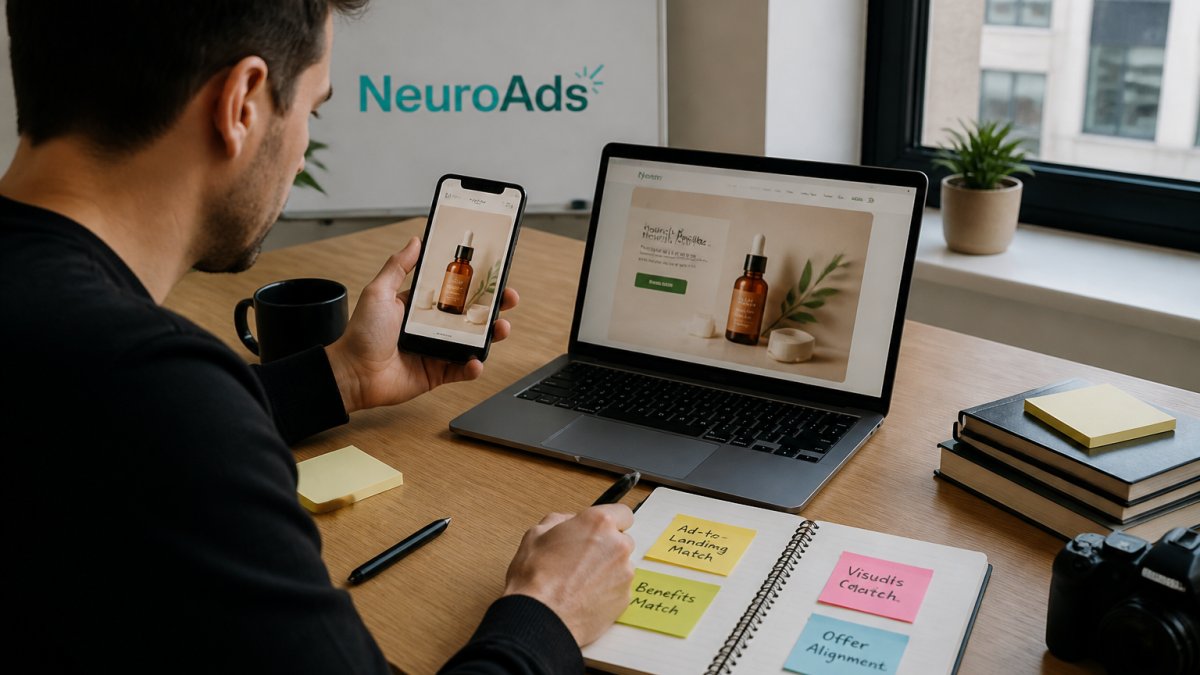 A paid media manager at a desk comparing an ad creative on a smartphone screen side by side with the same landing page open on a laptop, sticky notes and a coffee mug nearby in a bright office