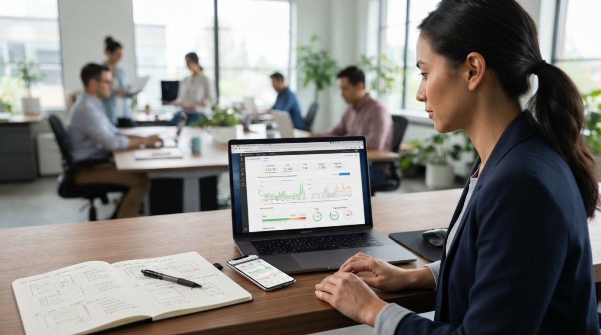 Marketing professional analyzing website speed metrics to reduce a high bounce rate on a laptop in a modern office.