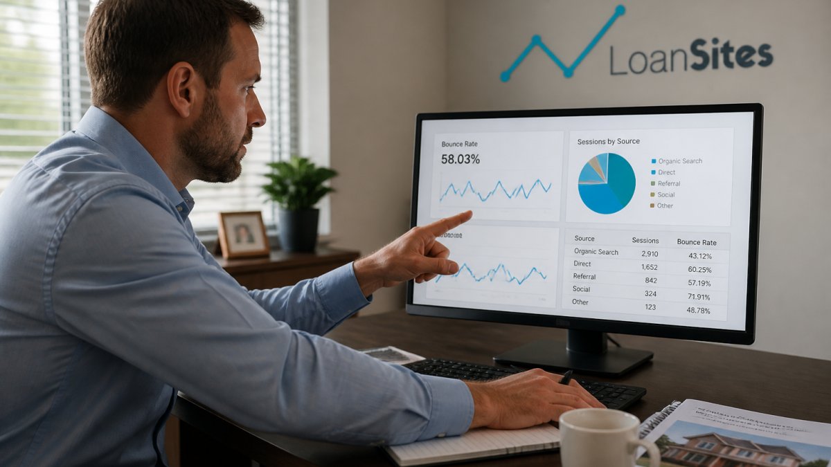 Professional mortgage loan officer reviewing analytics dashboard on desktop computer, pointing at bounce rate metrics and traffic source data displayed on monitor screen with natural office lighting