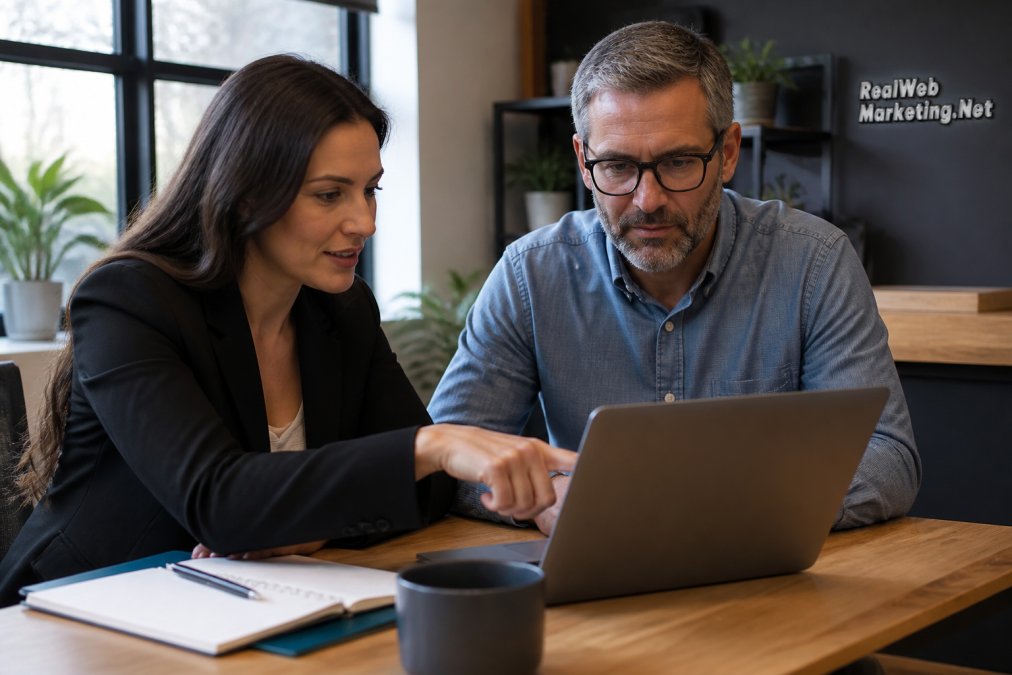 Marketing consultant and business owner reviewing website bounce rates on a laptop in a bright office.