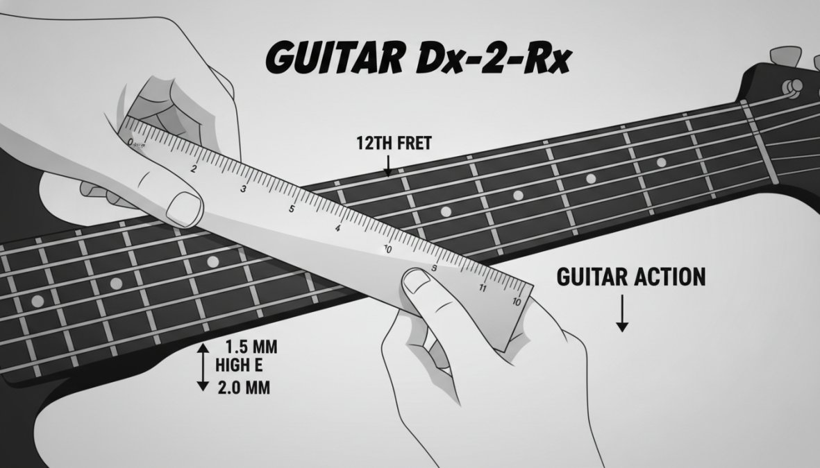 Close-up of a ruler or straightedge placed against guitar strings at the fretboard, showing measurement technique with fingers positioning the tool correctly