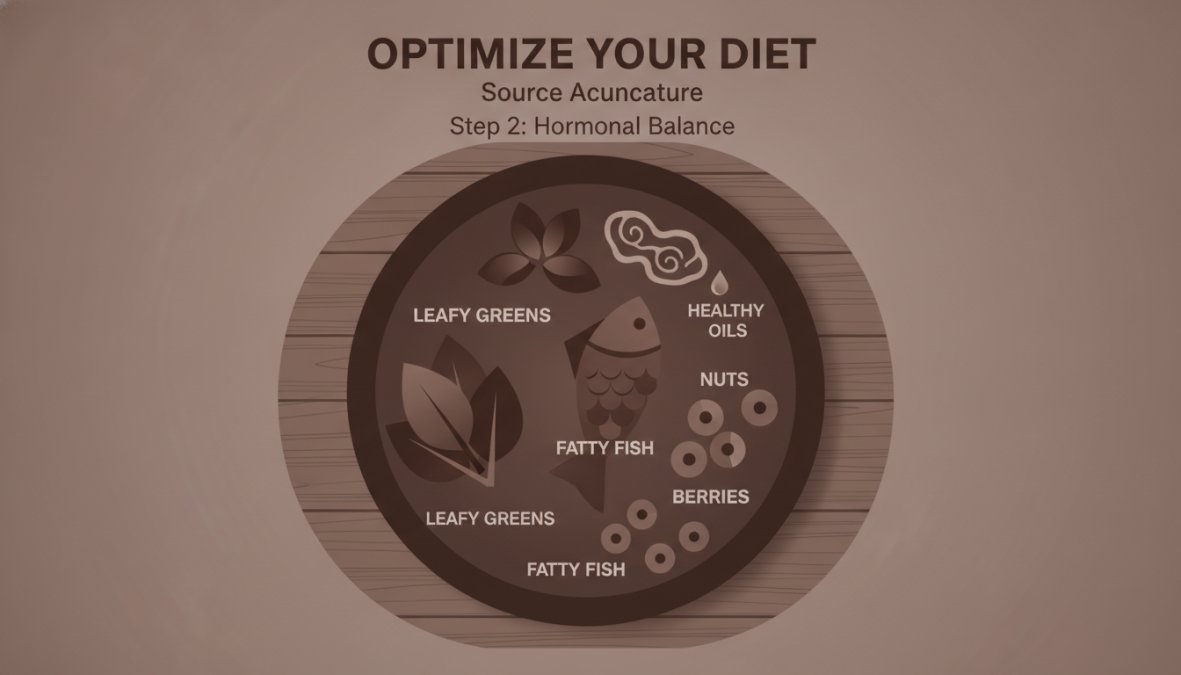 Overhead shot of a colorful plate with hormone-balancing foods including leafy greens, wild salmon, nuts, berries, avocado, and olive oil on a wooden table with natural sunlight