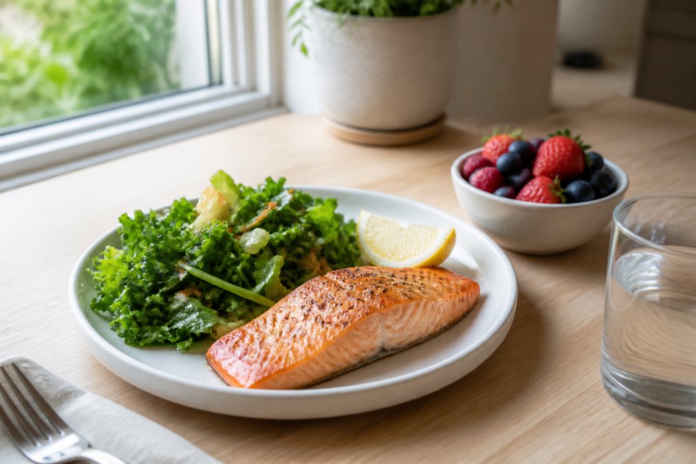 A plate of grilled salmon, leafy green salad, and a small bowl of fresh berries on a light wooden kitchen table, soft natural daylight from a nearby window