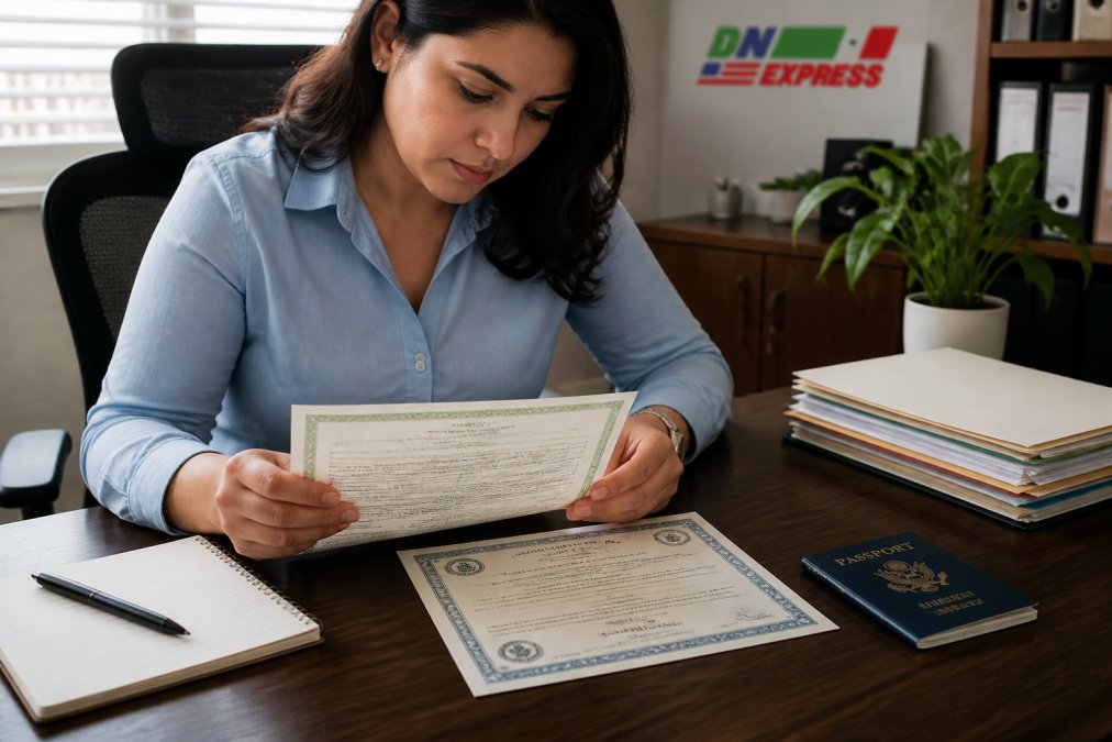 Person reviewing a passport and birth certificate to resolve identity discrepancies at a home office desk.