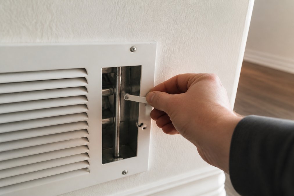 Homeowner's hand adjusting a supply register damper lever on an interior wall vent, showing the mechanism in the fully open position with natural afternoon light