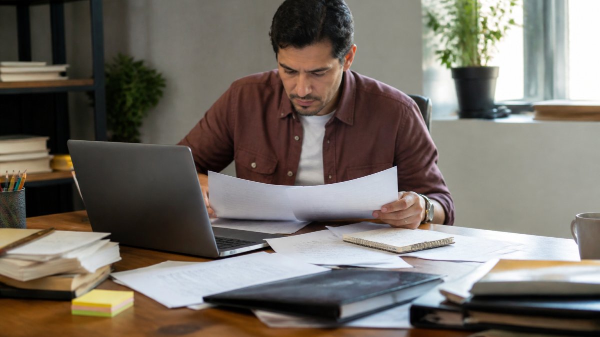 Small business owner reviewing workflow notes and bottleneck analysis at a desk with laptop and documents, natural office lighting