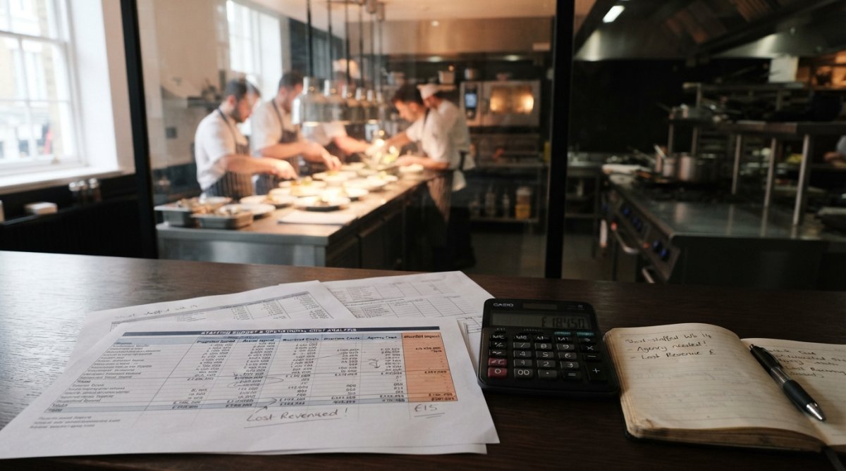 A busy professional kitchen during dinner service with chefs working at the pass, while an empty section with unused equipment sits in the background suggesting understaffing