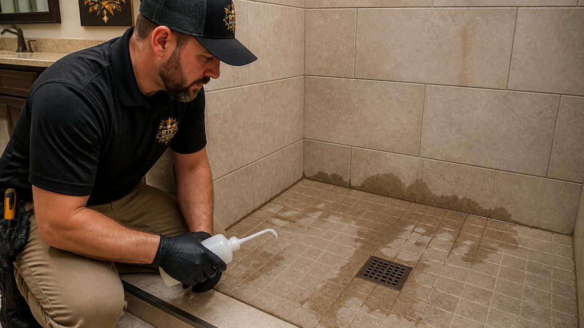 Professional demonstrating water testing technique on shower floor with visible moisture patterns and discoloration around tile joints in bathroom setting with natural lighting