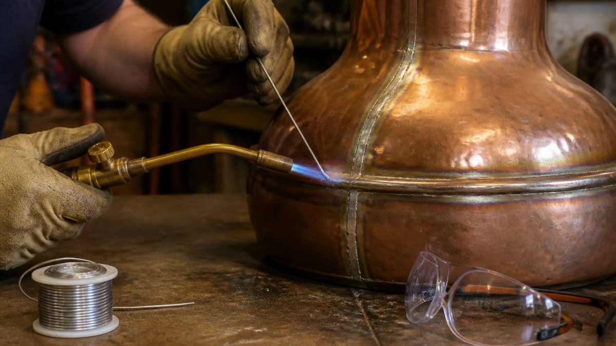 Hands in heat-resistant gloves soldering leaking still seams on a copper unit with a propane torch
