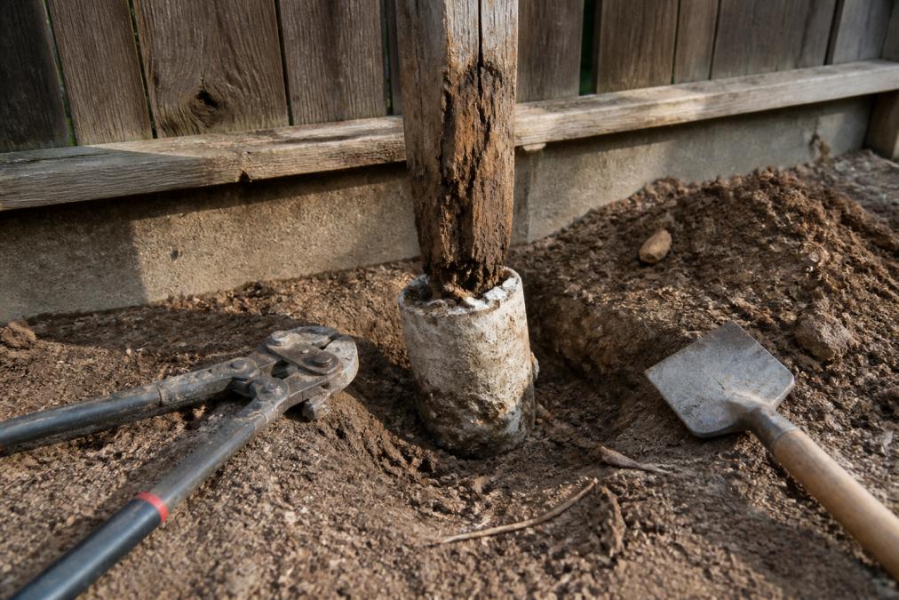 Close-up of a rotted wood fence post base being pulled from a concrete footing, with a post hole digger and flat spade lying on the disturbed dirt surface in afternoon light