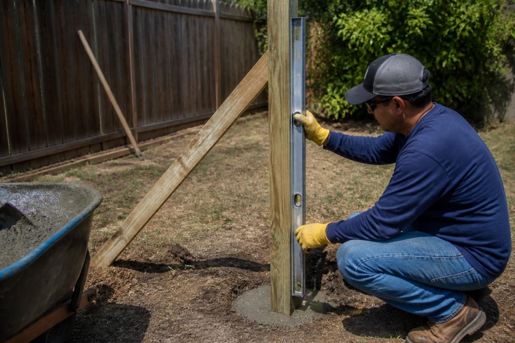 A person pressing a 4-foot spirit level against a pressure-treated 4x4 fence post held upright by a diagonal 2x4 wooden brace, with freshly poured concrete mix visible at the base of the post hole in afternoon sunlight