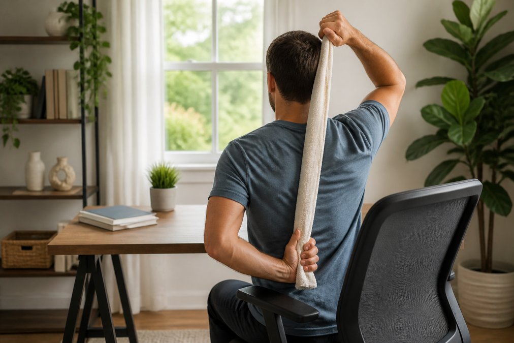 A person sitting at a desk performing a towel stretch behind their back, with a computer and office chair visible in a bright home office setting