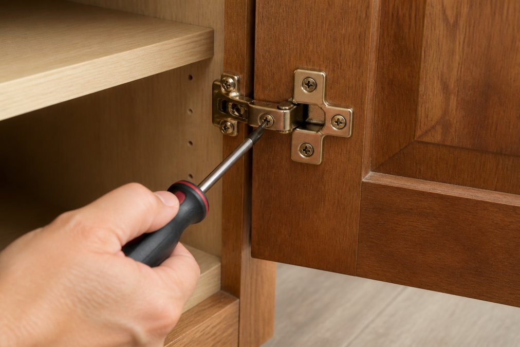 Close-up of a hand holding a screwdriver positioned on a brass cabinet hinge screw, with a wooden cabinet door partially open in the background showing proper angle and grip