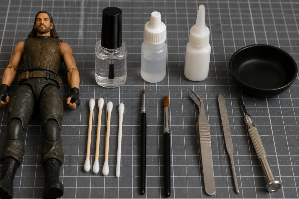 Overhead flat-lay of action figure repair supplies arranged on a work surface: clear nail polish bottle, silicone shock oil, cyanoacrylate adhesive, two-part epoxy, small brushes, cotton swabs, and precision tools next to a loose-jointed action figure