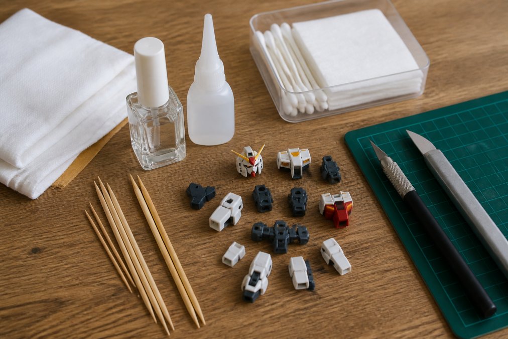 Overhead flat lay of hobby tools and supplies including CA glue bottle, clear nail polish, toothpicks, bamboo sticks, precision hobby knife, craft knife, model kit parts, and cleaning materials arranged on a clean work surface with natural lighting