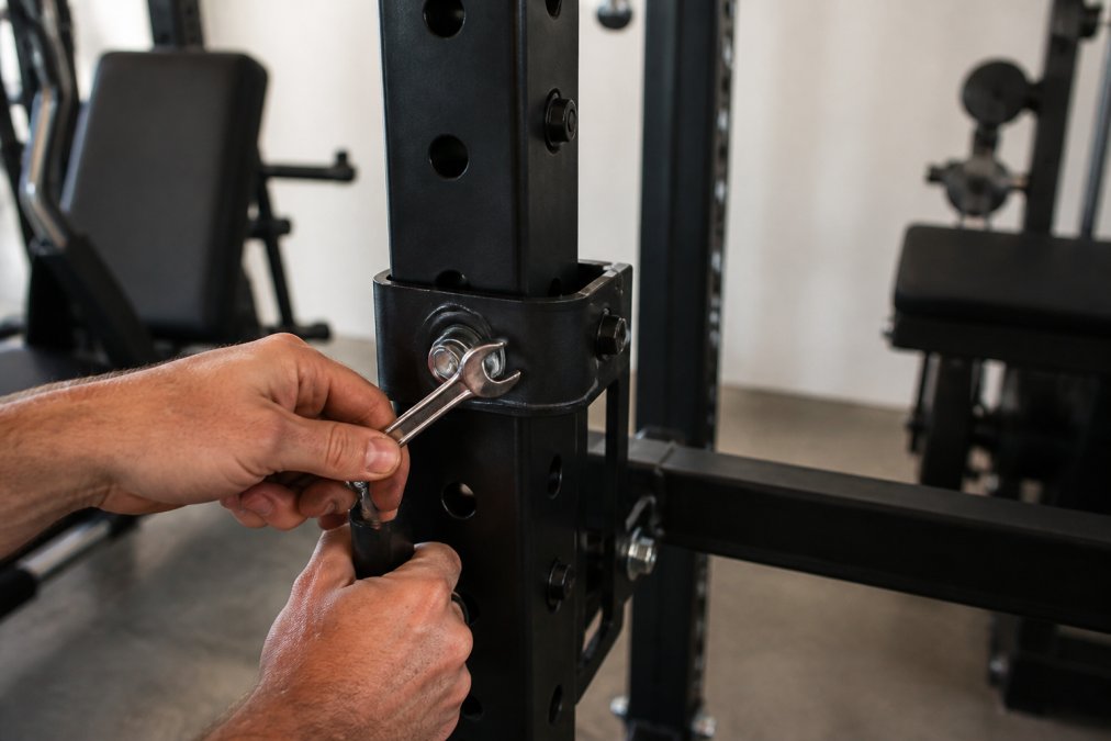 Close-up of a person's hands using a wrench to tighten a bolt on the frame of a home gym power rack, with a clear focus on the hardware connection point