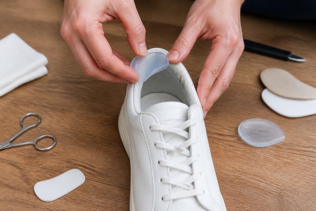 Close-up of hands inserting a gel heel grip into the back of a sneaker, with the shoe resting on a wooden floor.