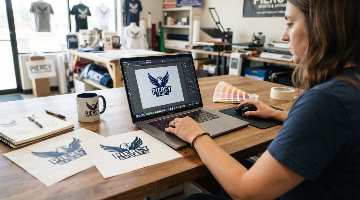A graphic designer's hands working on a laptop displaying vector editing software, with a mouse and a printed logo sample on the desk nearby, bright office lighting