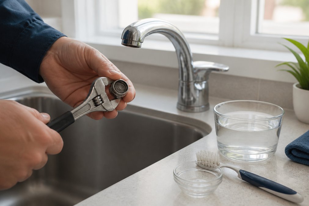 A homeowner's hands using a wrench to unscrew a chrome faucet aerator over a kitchen sink, with a small brush and a glass of vinegar solution nearby on the counter, bright natural lighting from a window