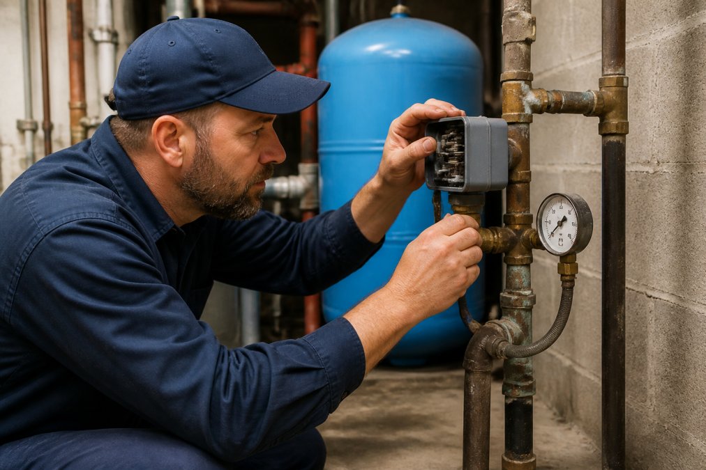 A plumber in work clothes examining a well pump pressure switch and pressure gauge mounted on a pipe in a utility room, with a pressure tank visible in the background under fluorescent lighting
