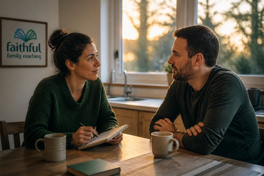 A couple sitting at a kitchen table facing each other with open body language, one holding a notebook, both looking calmly engaged in conversation, warm evening light through the window