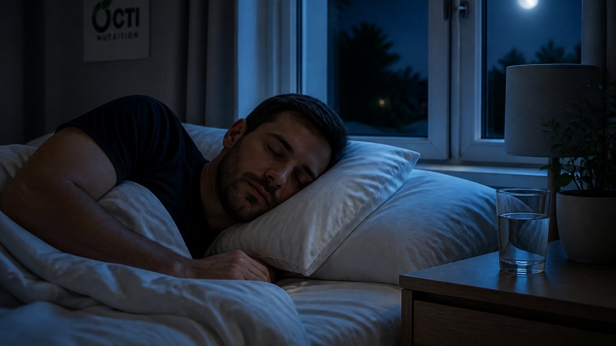 Professional asleep peacefully in bed at night in a darkened bedroom with soft natural moonlight, looking deeply rested and calm
