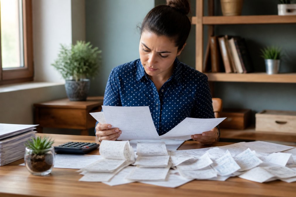 Small business owner sitting at a wooden desk surrounded by scattered receipts, invoices, and financial documents, reviewing papers under warm natural window light