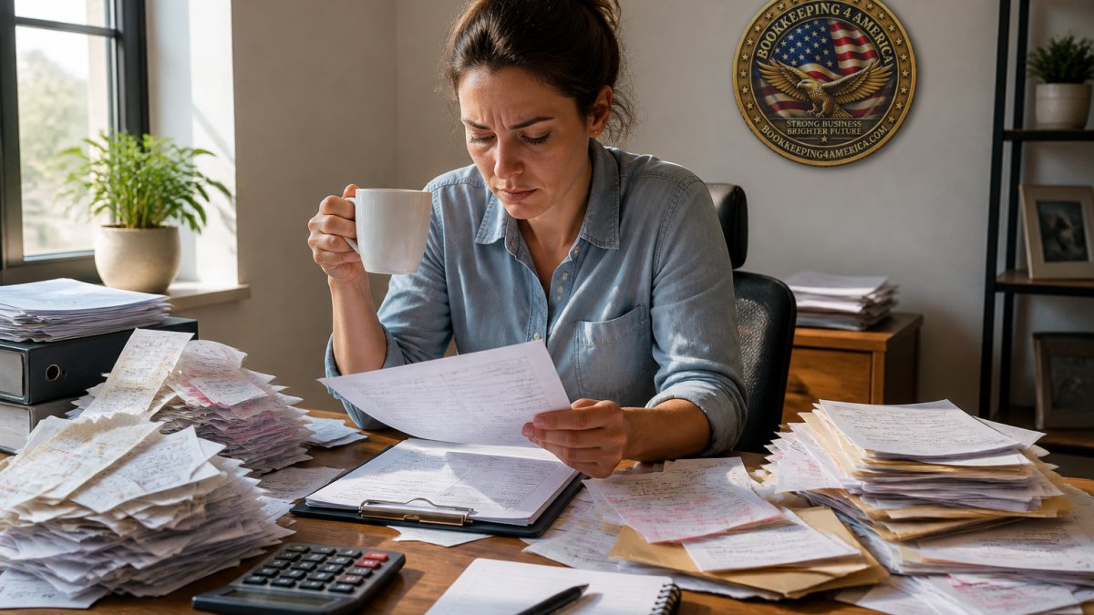 Small business owner at desk surrounded by stacks of receipts, invoices, and scattered paperwork, holding a coffee cup while reviewing disorganized financial documents in natural office lighting
