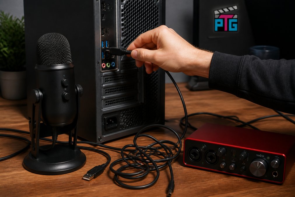Close-up of hands plugging a USB microphone cable into a desktop computer tower, with a tangled cable and audio interface visible on a wooden desk in a home studio.