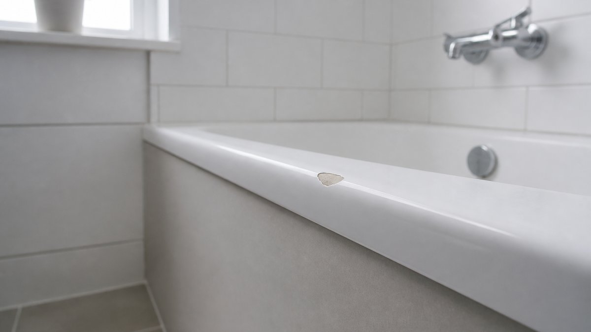 Close-up of a chipped enamel bath edge in a bright new bathroom, with clean white tiles and modern fixtures visible in the background