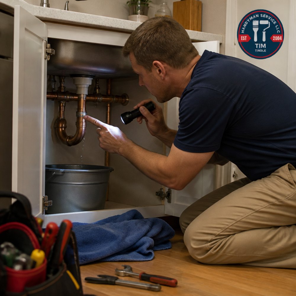 A homeowner kneeling under a kitchen sink with a flashlight, pointing at a small water drip on a copper pipe joint, with a bucket and towel nearby