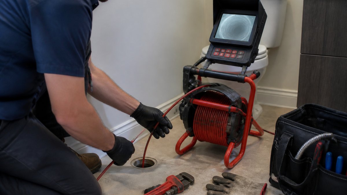 Plumber using a sewer camera to inspect for minor sewer line leaks inside a PVC pipe