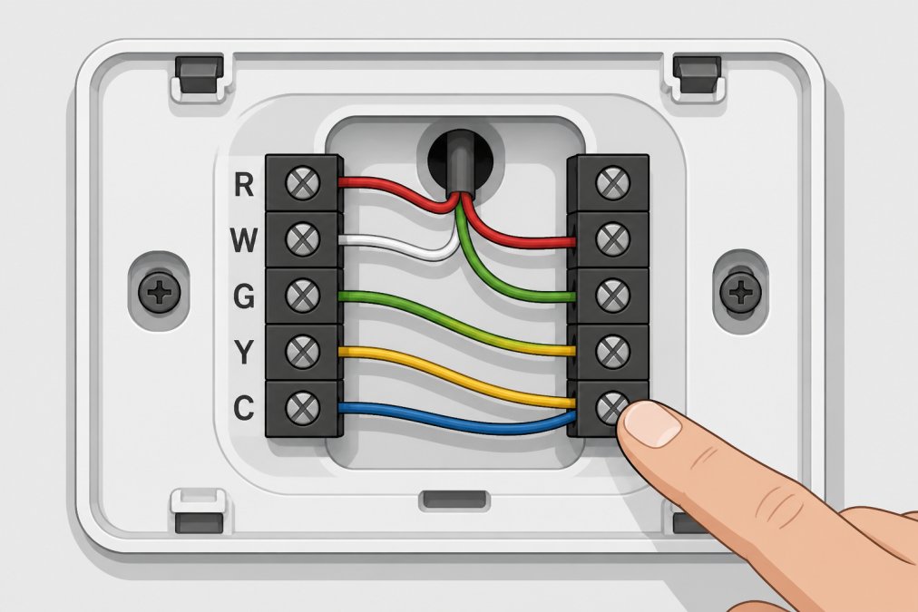 Close-up of an open thermostat backplate showing colored wires (red, white, green, yellow, and blue) connected to labeled terminal blocks marked R, W, G, Y, and C, with a hand pointing to the C terminal