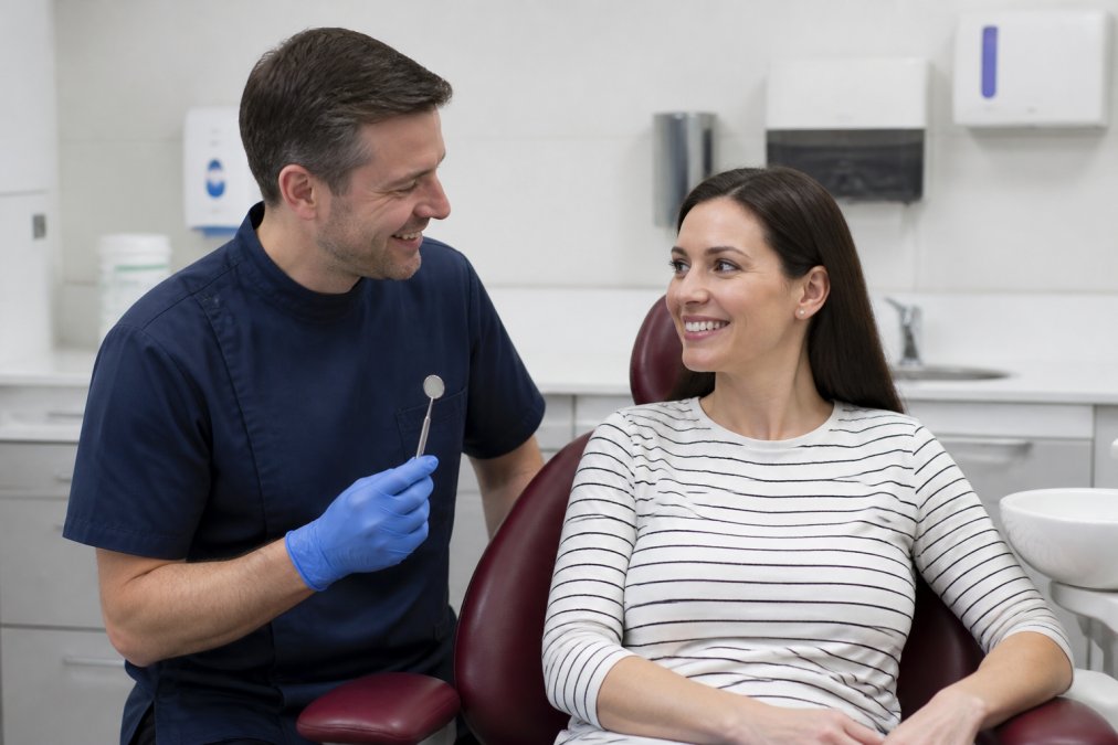 A dentist in a modern, bright clinic showing a patient a dental mirror, both relaxed and smiling during a consultation