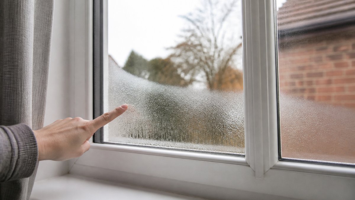 A homeowner's hand pointing to condensation and misting trapped between the two panes of a white uPVC double-glazed window in a bright living room