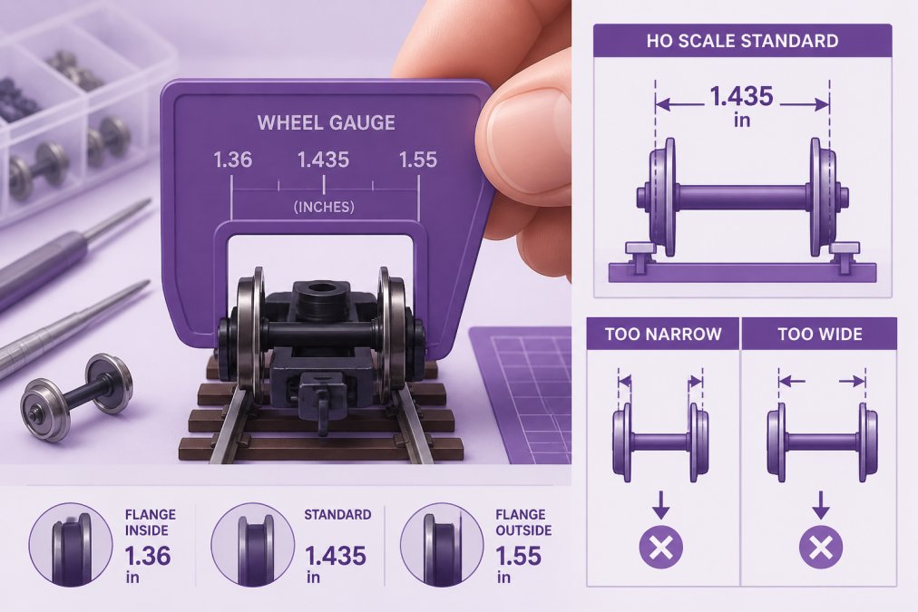 Close-up of model train wheel being measured with a gauge tool against a workbench with bright lighting, showing proper measurement technique