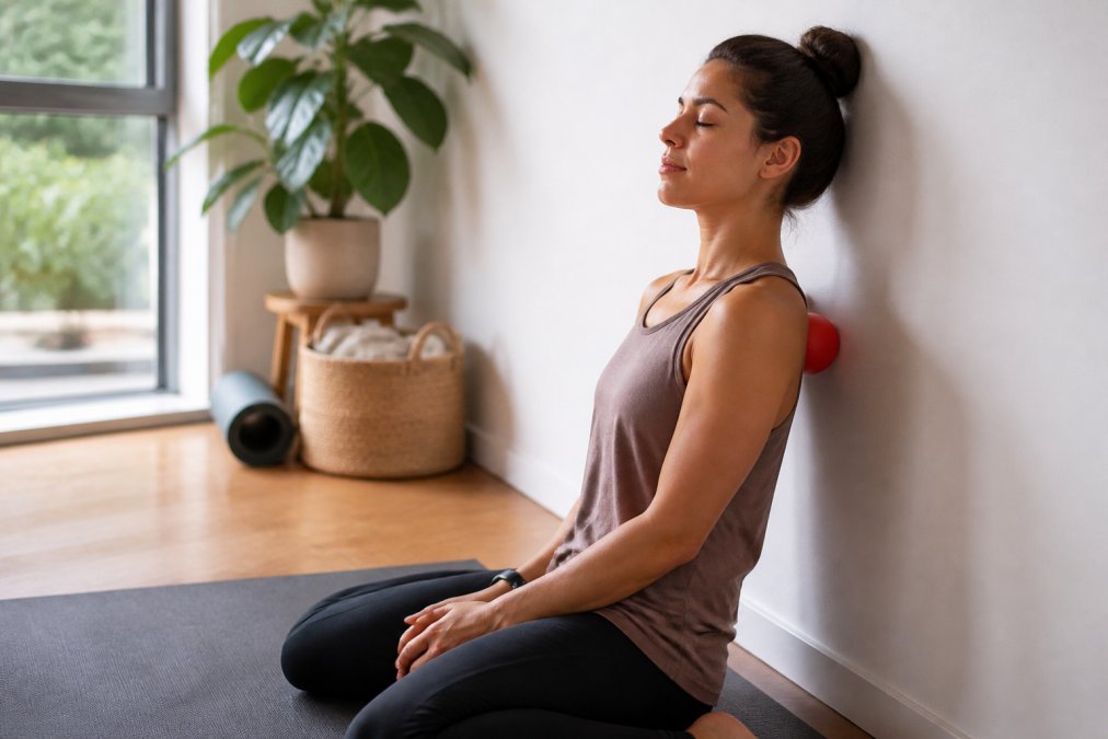 A person sitting on a yoga mat pressing a massage ball into their upper back against a wall, eyes closed with a relaxed expression, in a bright naturally lit room