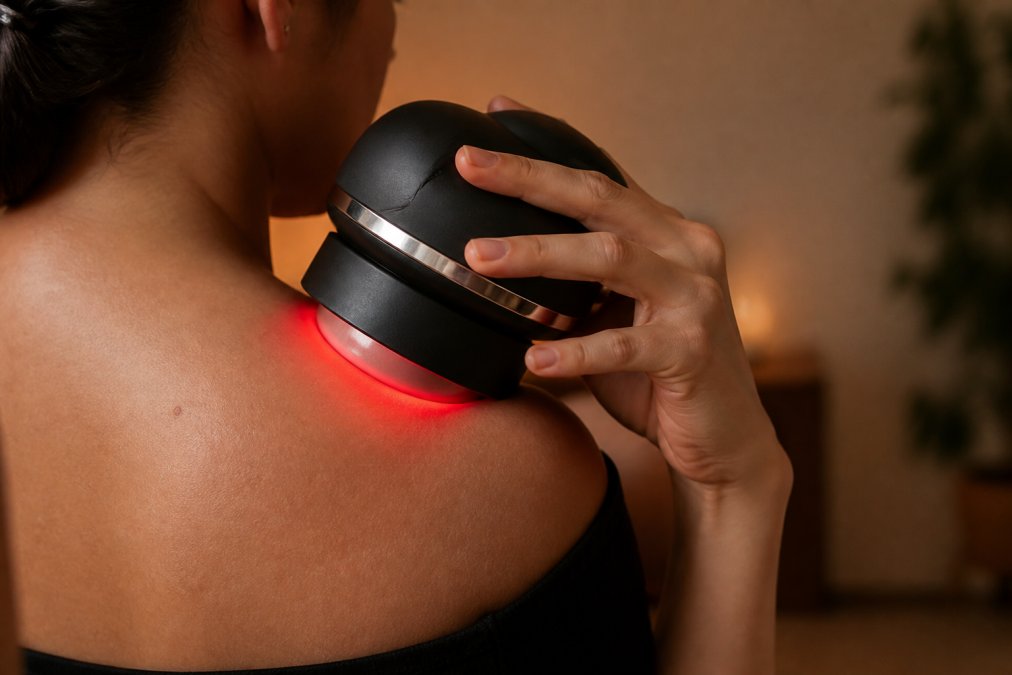 Close-up of a person's hands holding a modern electric cupping massage device against their shoulder, with a soft red glow visible on the skin in warm indoor lighting