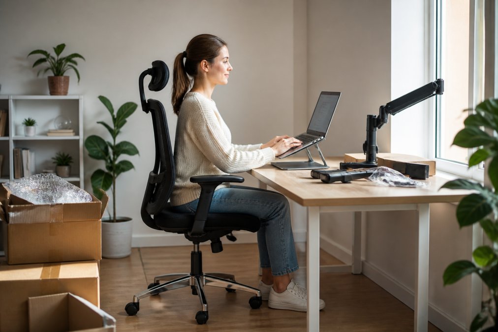 A person sitting at a tidy home desk with a laptop raised on a stand, feet flat on the floor, and a supportive chair, demonstrating correct monitor height and upright posture