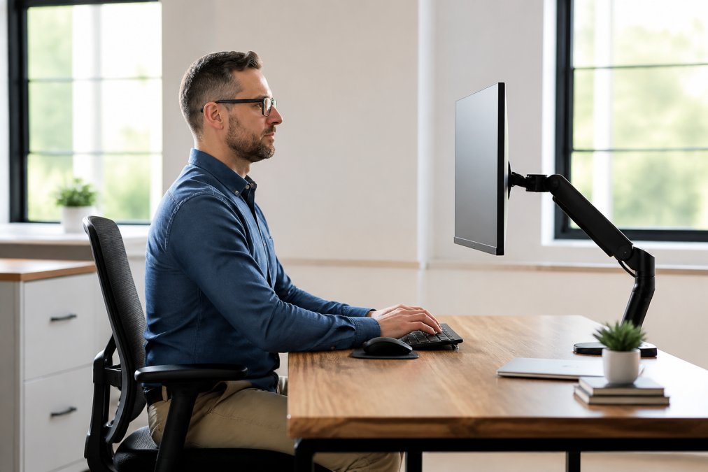 Diagram showing optimal monitor height to improve posture and reduce neck pain